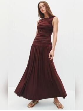 Summer Away Burgundy Ruched Drop Waist Maxi Dress Small S NWT $450